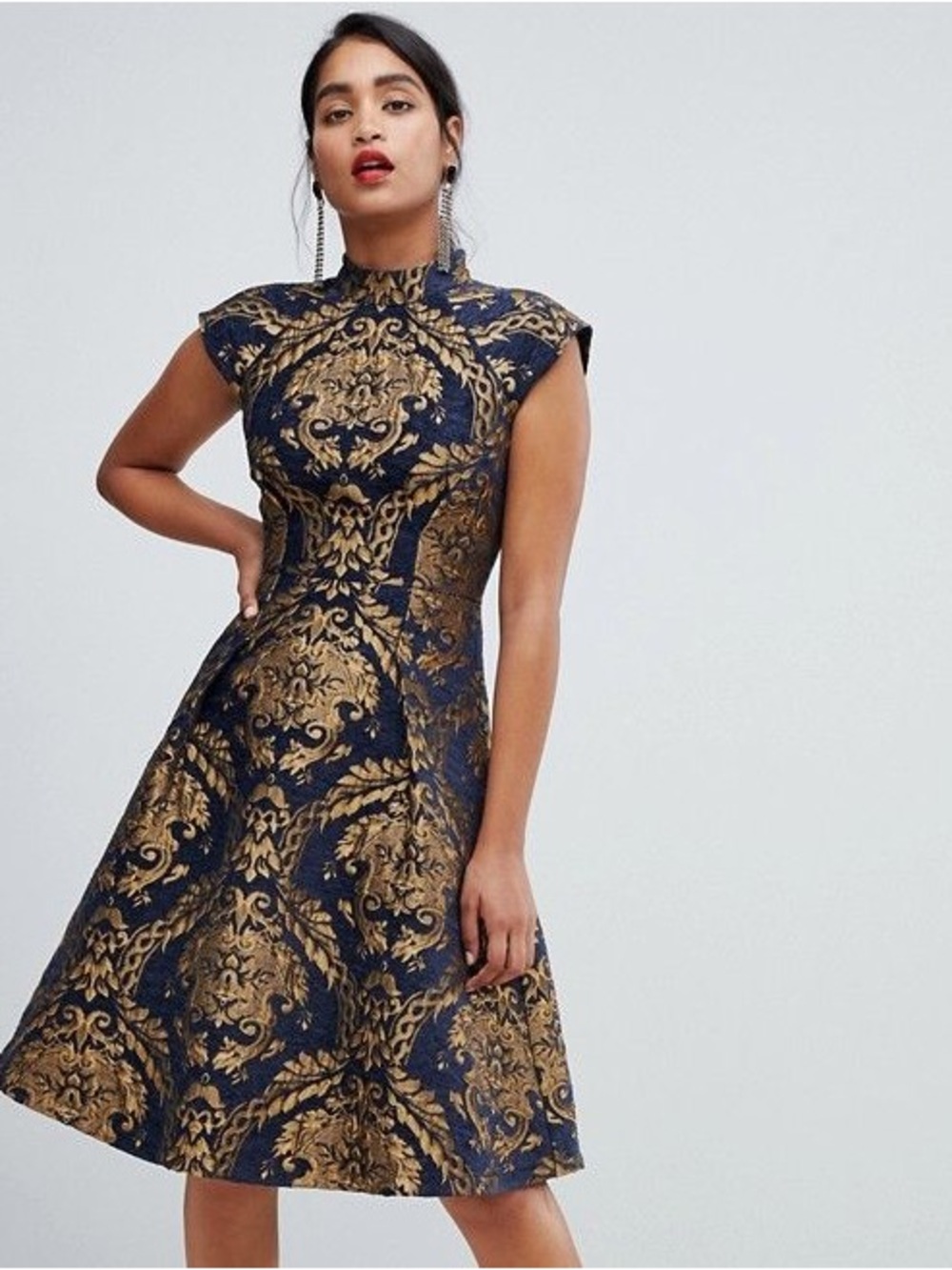 Chi Chi London High Neck Structured Skater Dress in Baroque Print